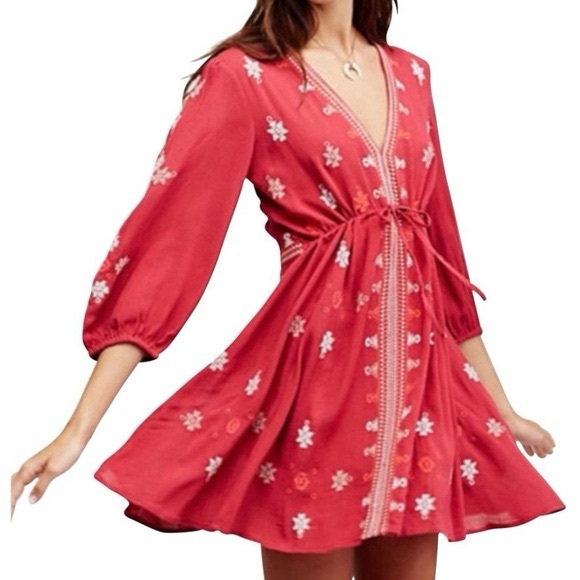 🍀Free People Jami V-Neck Adjustable Waist 3/4 Sleeve Boho Dress - Picture 1 of 13